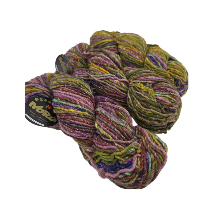 image of 3 Multicolored skeins of Iro by Noro yarn with a label on a white background