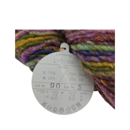 Close-up image of Iro by Noro yarn ball with showing the label on a white background.