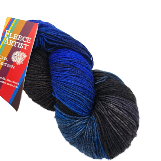 Image of a single skein of Kiki Yarn by Fleece Artist in the color Twilight with label on a white background.