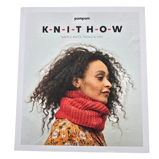 Image of Book cover titled 'Knit How' with a person wearing a red knitted scarf on a white background.
