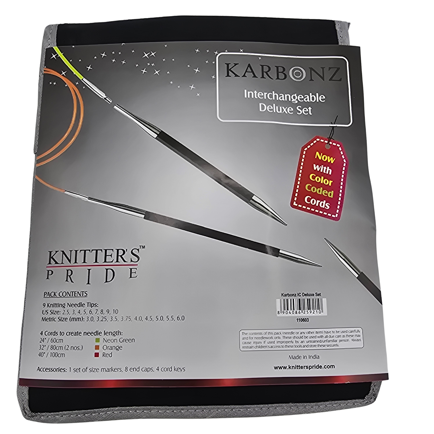 Knit Pro/Knitters Pride, Karbonz Interchangeable Deluxe Knitting Needle Set in black and grey package on a white background.