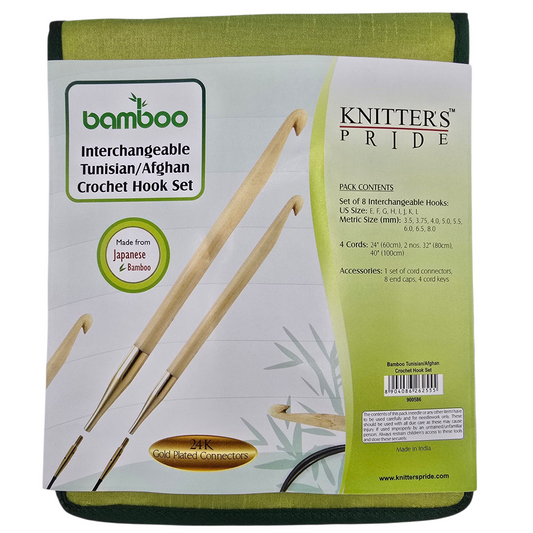 image of Knitter's Pride Bamboo interchangeable Tunisian/Afghan crochet hook set in a green package with a visible label on a white background.