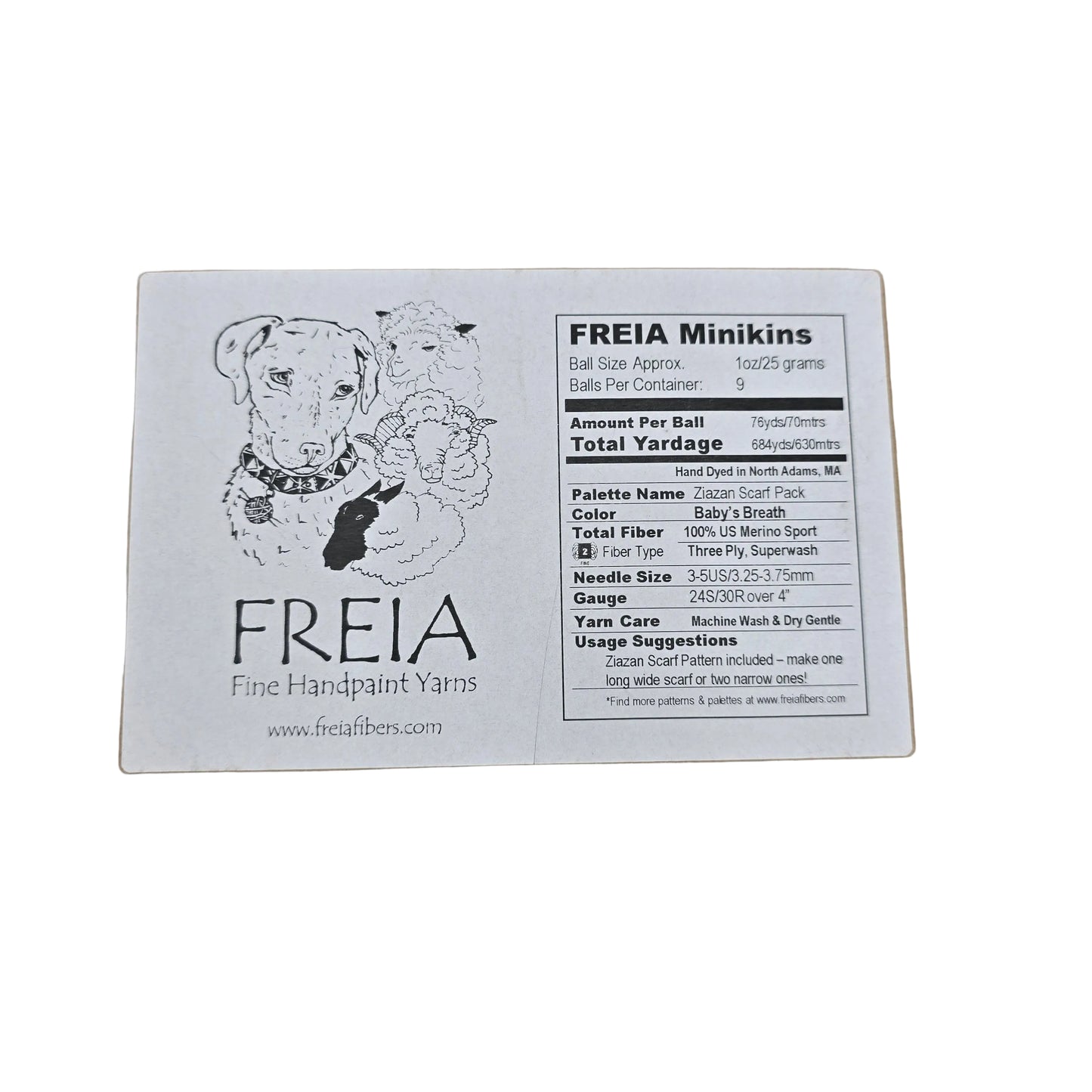 Image of the label of Minikins Zaizan Scarf Yarn Pack by Freia in the color collection Baby's Breath on a white background.