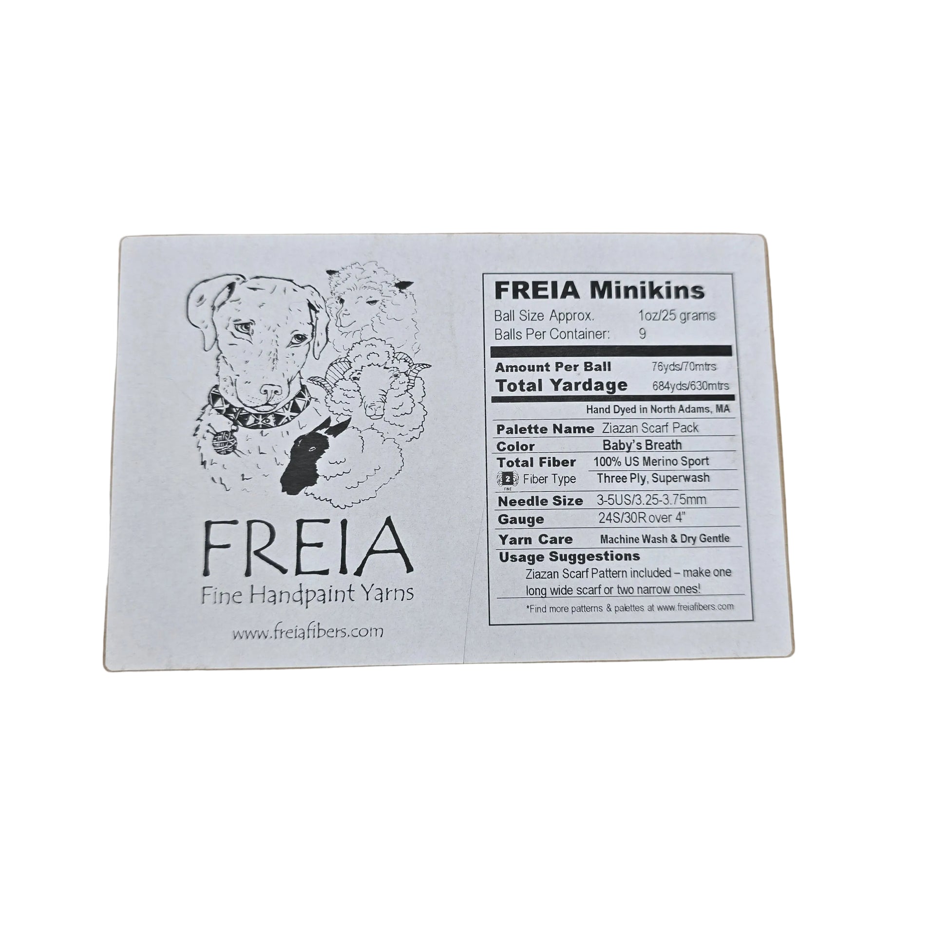 Image of the label of Minikins Zaizan Scarf Yarn Pack by Freia in the color collection Baby's Breath on a white background.