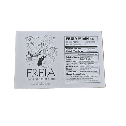 Image of the label of Minikins Zaizan Scarf Yarn Pack by Freia in the color collection Baby's Breath on a white background.