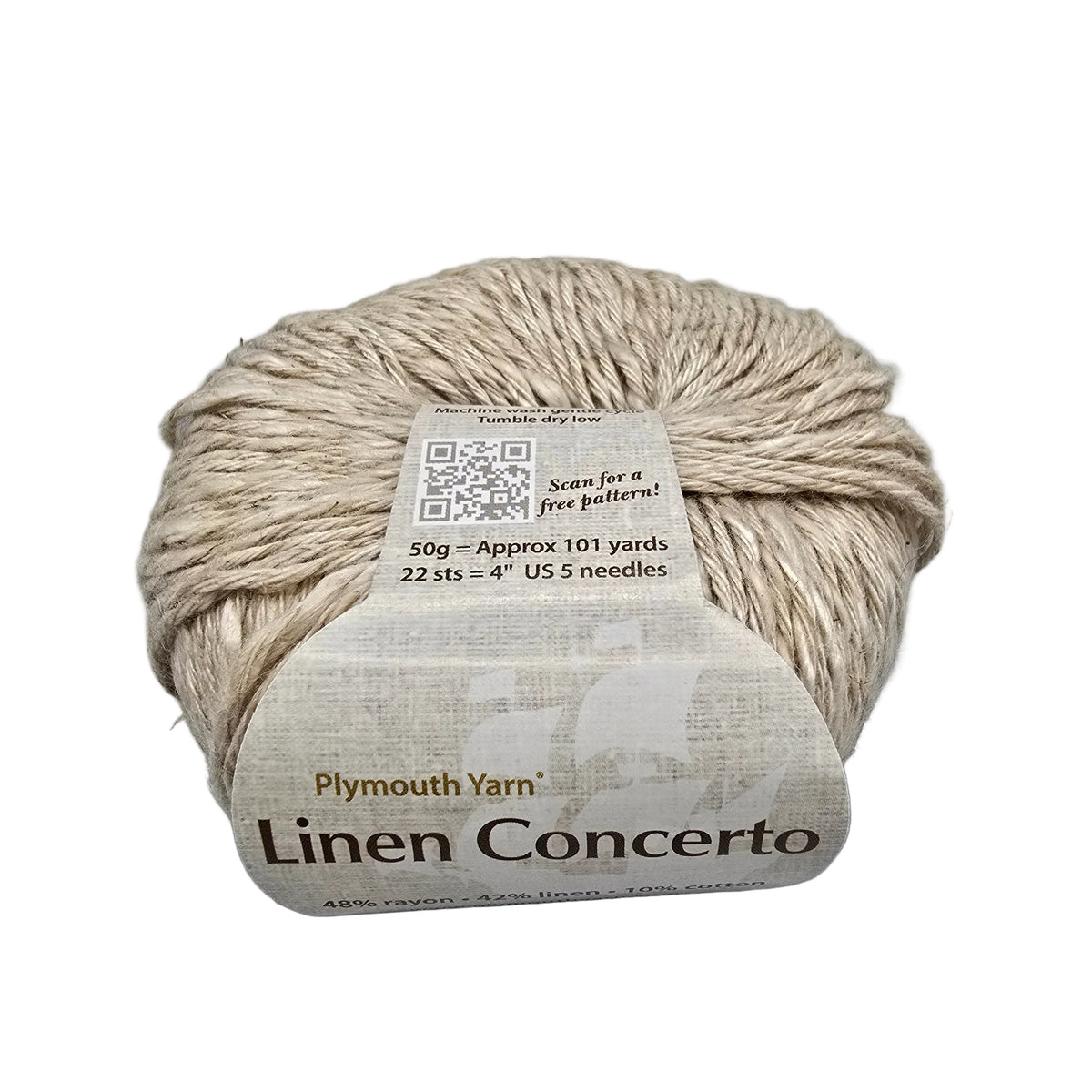 A single ball of Plymouth Yarn 'Linen Concerto' yarn, made of natural beige jute twine, wrapped in a matching textured paper band with product details on a white background.