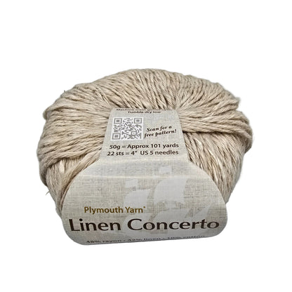 A single ball of Plymouth Yarn 'Linen Concerto' yarn, made of natural beige jute twine, wrapped in a matching textured paper band with product details on a white background.