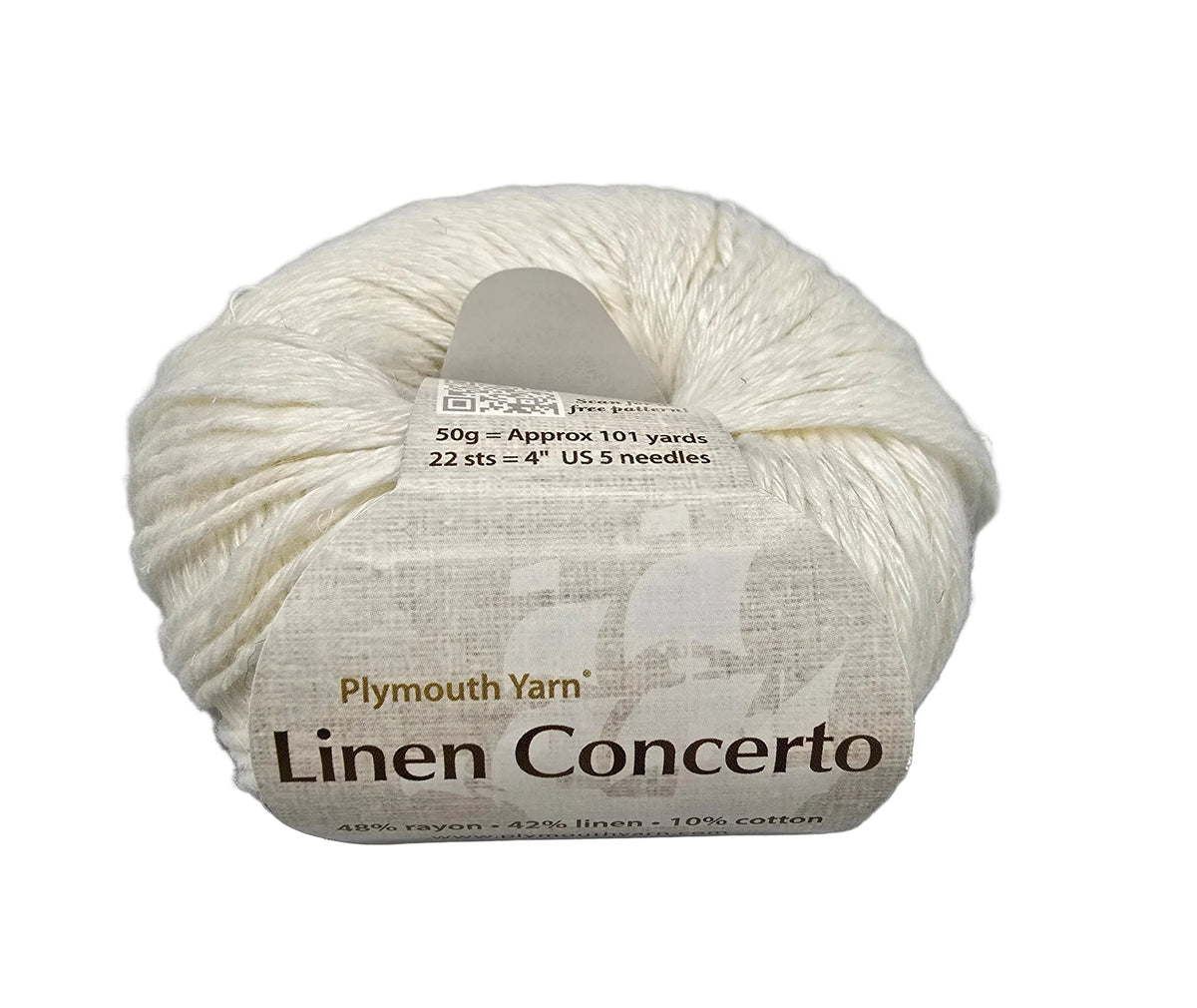 A skein of Plymouth Yarn in the Linen Concerto colorway, featuring a textured cream-colored yarn wound around a paper label on a white background.