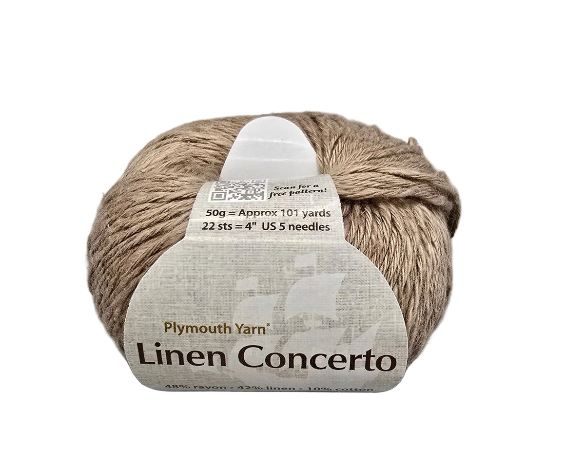 A ball of Plymouth Yarn in the Linen Concerto colorway, featuring a warm taupe-brown yarn with a white paper label wrapped around it, set against a plain white background.