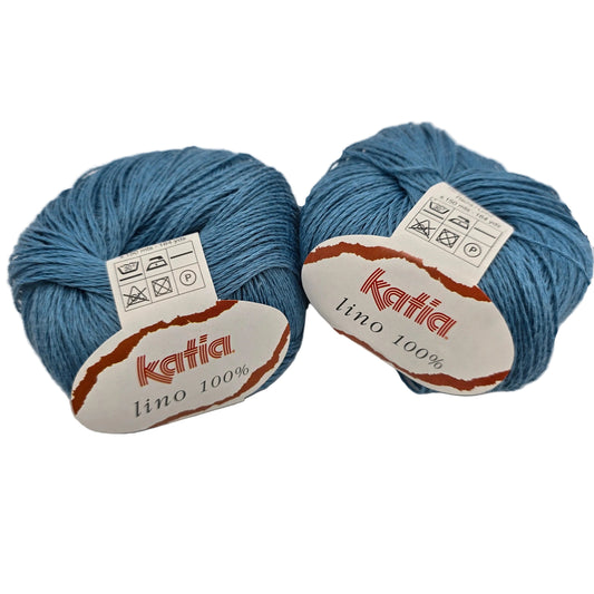 Image of two balls of Lino 100% Yarn by Katia in Color 19 with labels on a white background.