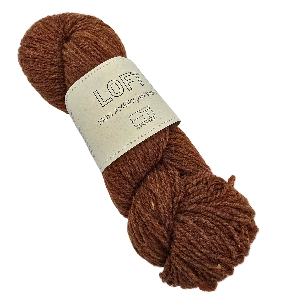 Image of a single skein of Loft_yarn by_Brooklyn_Tweed_in the color embers with label on a white background.