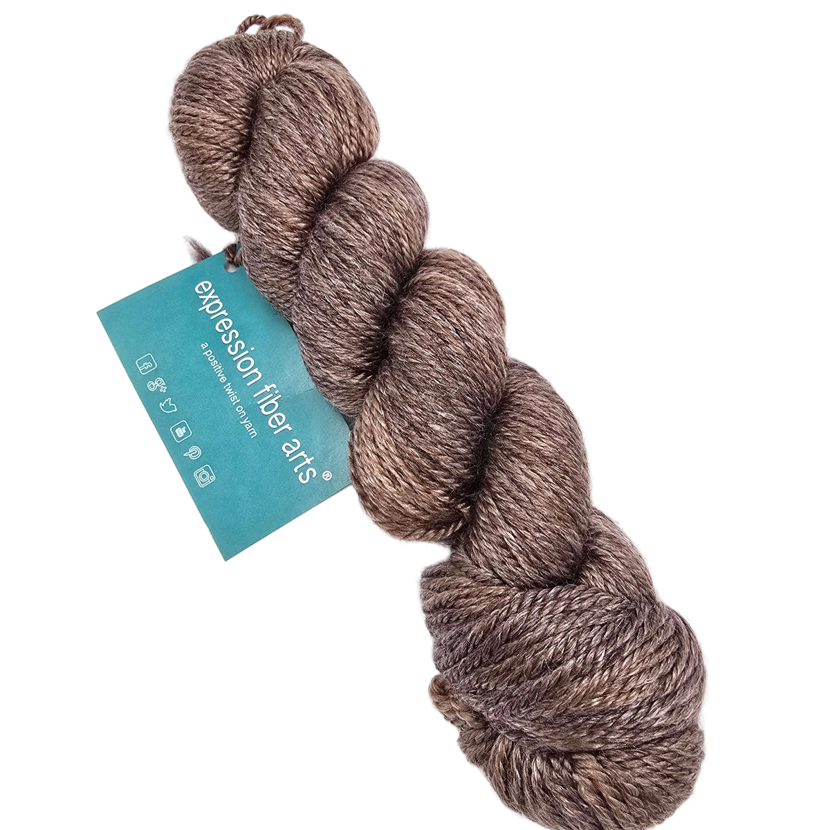 Image of a single skein of Luster_Worsted_Yarn by_Expression_Fiber_Arts in the color Brocade a slightly shimmery brown with label on a white background.