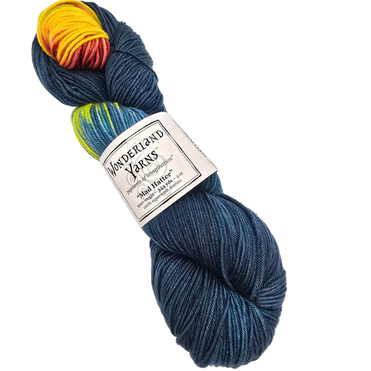 A skein of Wonderland Yarns Mad Hatter DeSTITCHnation yarn in a variegated blue colorway with yellow, orange, and green sections, displayed on a clean white background.