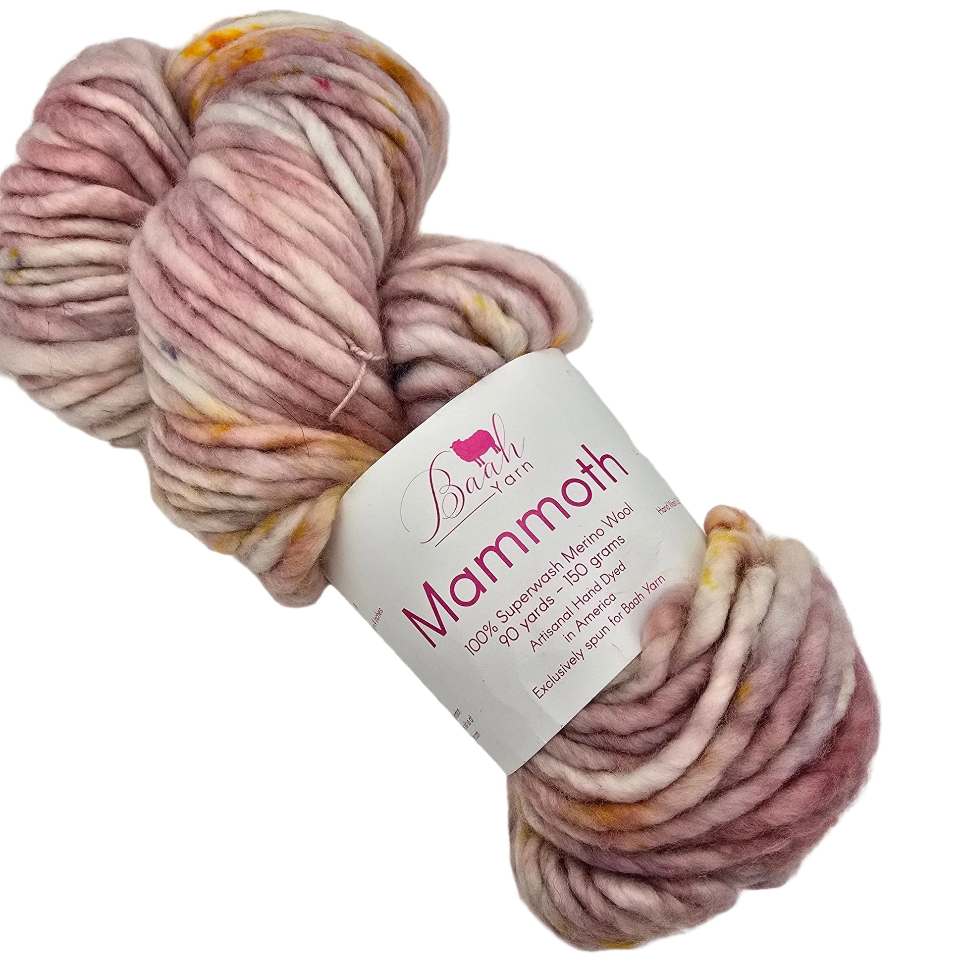 Image of a single skein of Mammoth yarn_by_Baah_Yarn_in the color Puns and Roses with label on a white background.