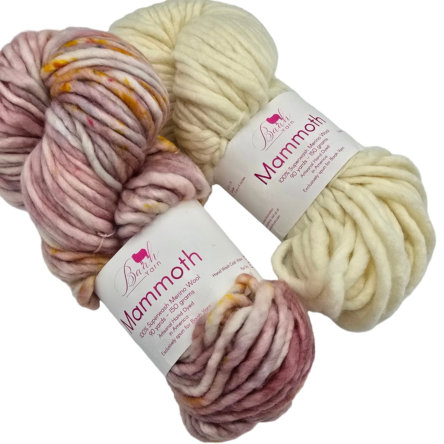 Image of two skeins of Mammoth yarn by Baah Yarn one in cream on in multicolored pinks with labels on a white background.