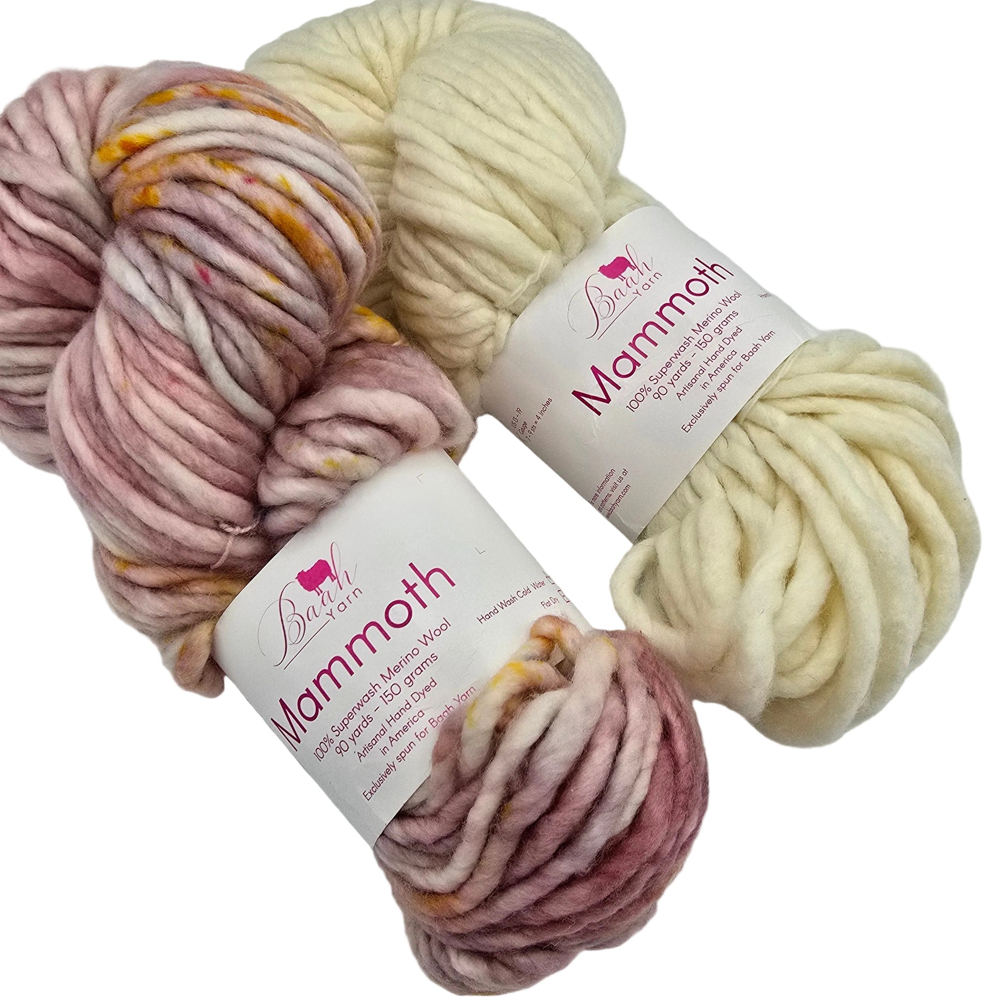 Image of two skeins of Mammoth yarn by Baah Yarn one in cream on in multicolored pinks with labels on a white background.