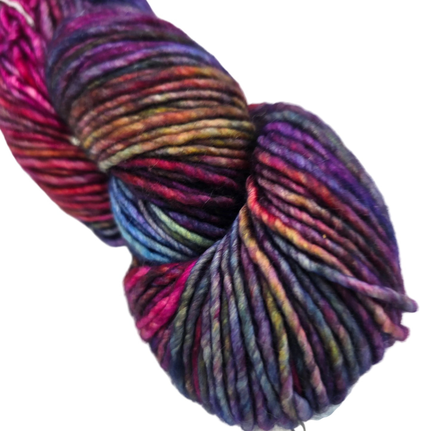 Close-up Image of single hank of Mecha Yarn by Malabrigo in color 005 Aniversario on a white background.