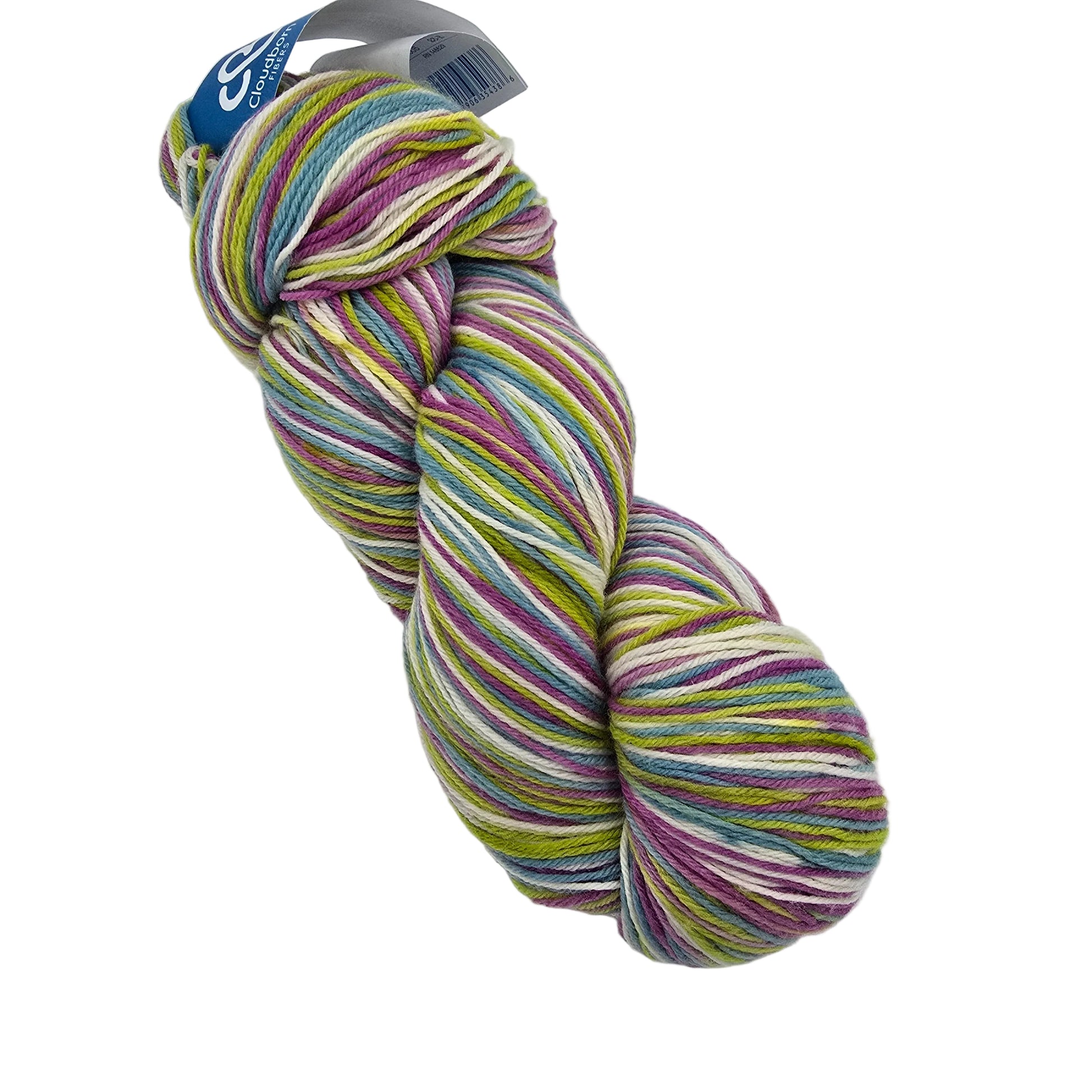 A skein of Merino Superwash Sock Twist Tiny Stripe yarn by Cloudborn in color 38-005 with stripes of purple, green, yellow, pink, and white, featuring a blue and white label at the top, photographed on a plain white background.