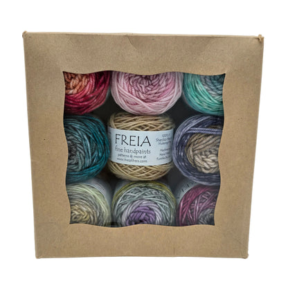 Image of multiple mini skeins Minikins Zaizan Scarf Pack by Freia in the collection Baby's Breath with labels in a box on a white background.