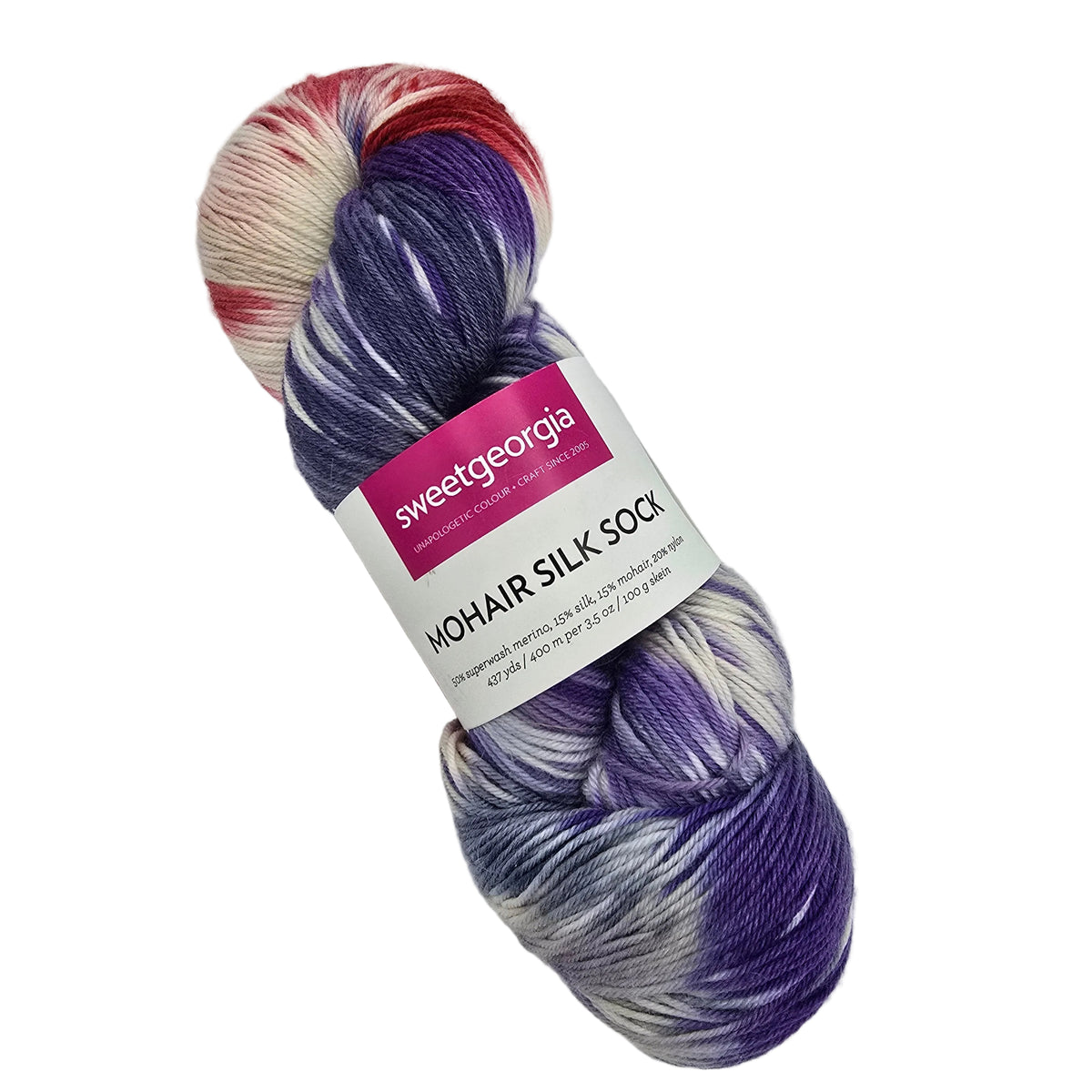 A skein of Sweet Georgia Mohair Silk Sock yarn in a variegated blend of purple, white, red, and pink, wrapped with a white paper label on a light gray background.