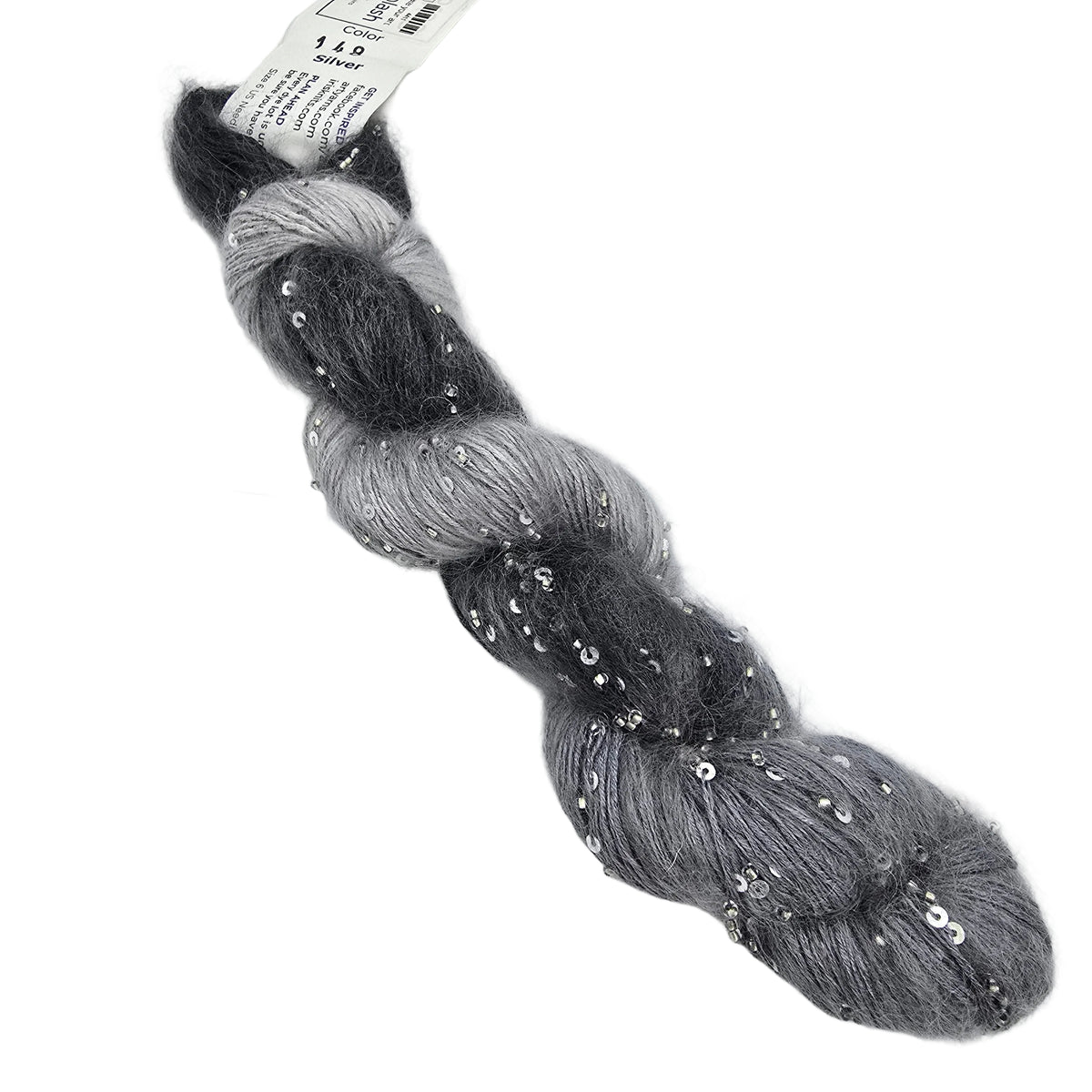 A skein of Mohair Splash yarn by ArtYarns  in color 148 Silver which is a gray ombre yarn with silver sequins, featuring a white paper label at the top, photographed on a white background.