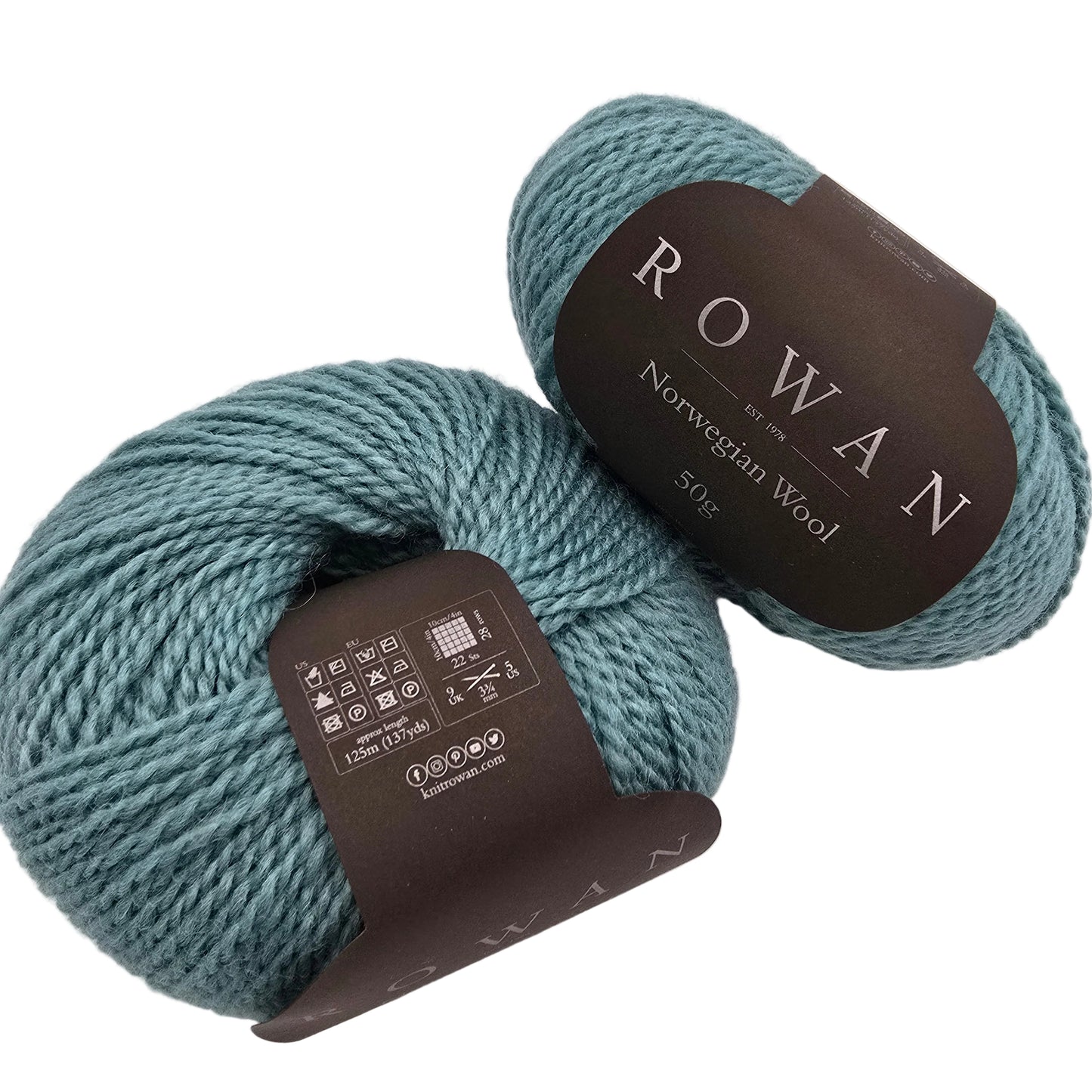 Image of two balls of Norwegian Wool by Rowan in color 022 Mountain with labels on a white background.