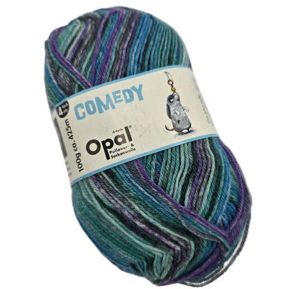 Image of a single skein of Opal Comedy 4-Ply sock Yarn in Color 9835 Sketch with label on a white background.