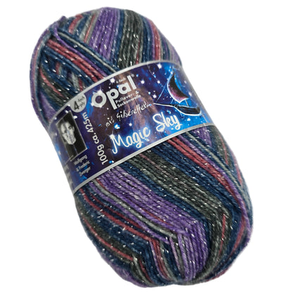 Image of a single skein of Opal Magic Sky 4-Ply Sock Yarn in Color 9804 Moonlight with label on a white background.