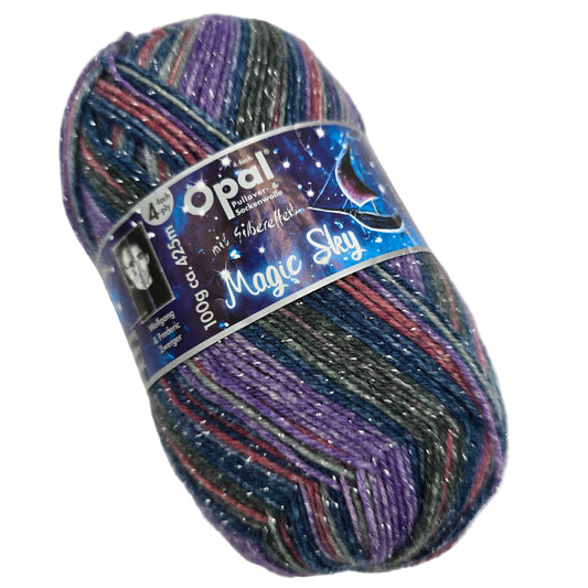 Image of a single skein of Opal Magic Sky 4-Ply Sock Yarn in Color 9804 Moonlight with label on a white background.