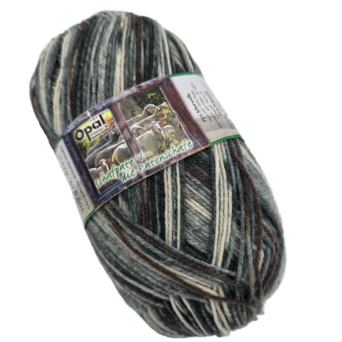 Image of a single skein of Opal Schafpate V Sock Yarn in Fausto Color 7257 with label on a white background.