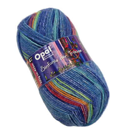 Image of a single skein of Opal Sinfonie der Traume yarn in Color 9611 Wild Water with label on a white background.
