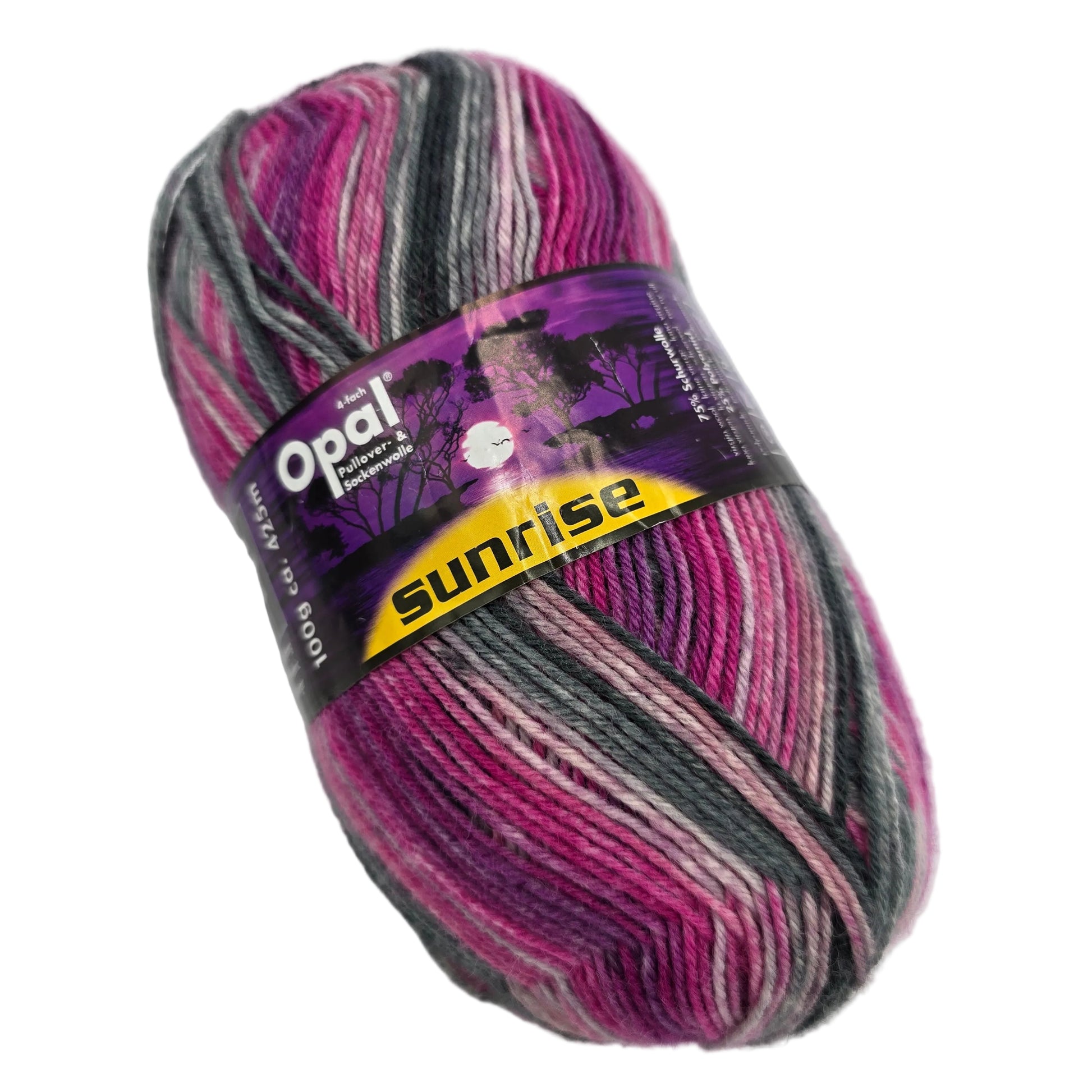 Image of a single skein of Opal Sunrise 4-Ply Sock Yarn in Color 9441 with label  on a white background.