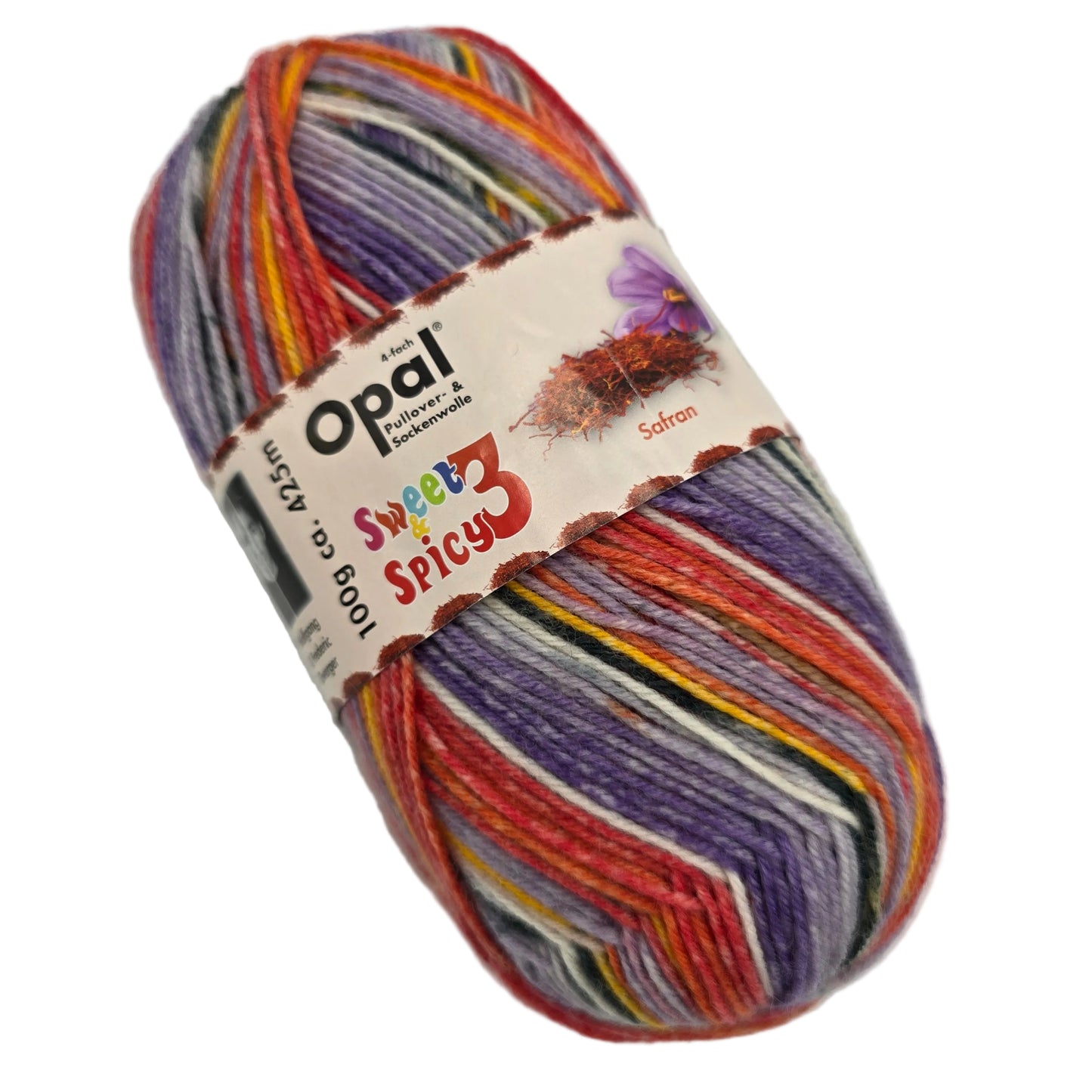 Image of single skein of Opal Sweet & Spicy 4-Ply 3 sock Yarn in Color 9121 Safran with label on a white background.