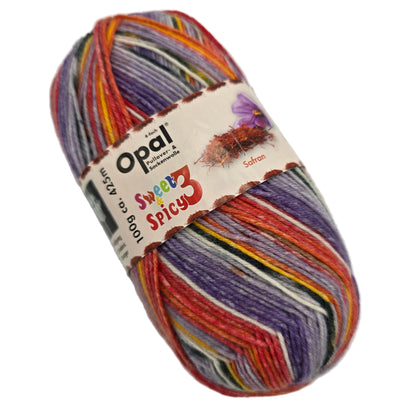 Image of single skein of Opal Sweet & Spicy 4-Ply 3 sock Yarn in Color 9121 Safran with label on a white background.