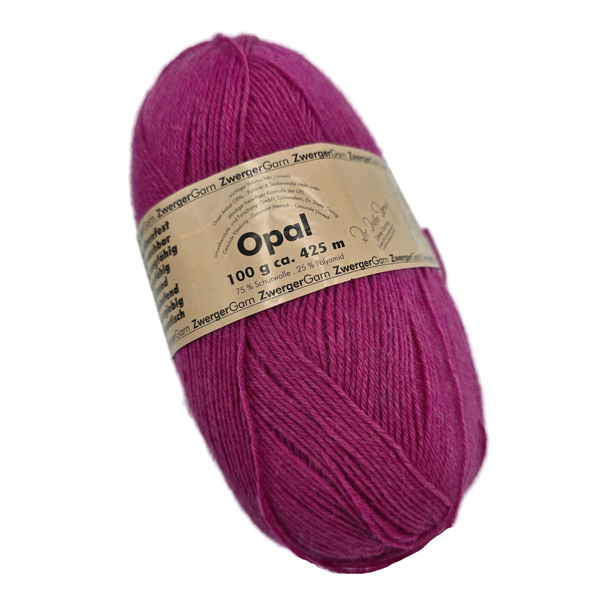 Image of a single skein of Opal Uni Solid 4-Ply Yarn by Opal in Color 15 with label on a white background.