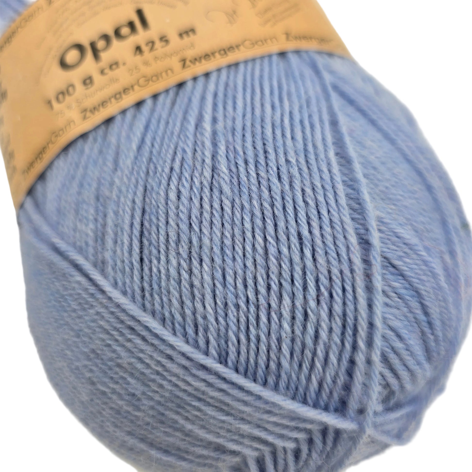 Close-up image of Opal Uni Solid 4-Ply yarn by Opal in Color 27 with partial label on a white background.