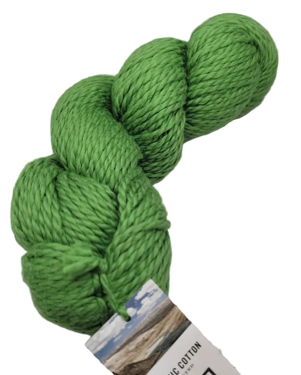 Image of a single skein of Organic Cotton Worsted by Blue Sky Fibers  Yarn in the color Pickle 633 with partial label  on a white background.
