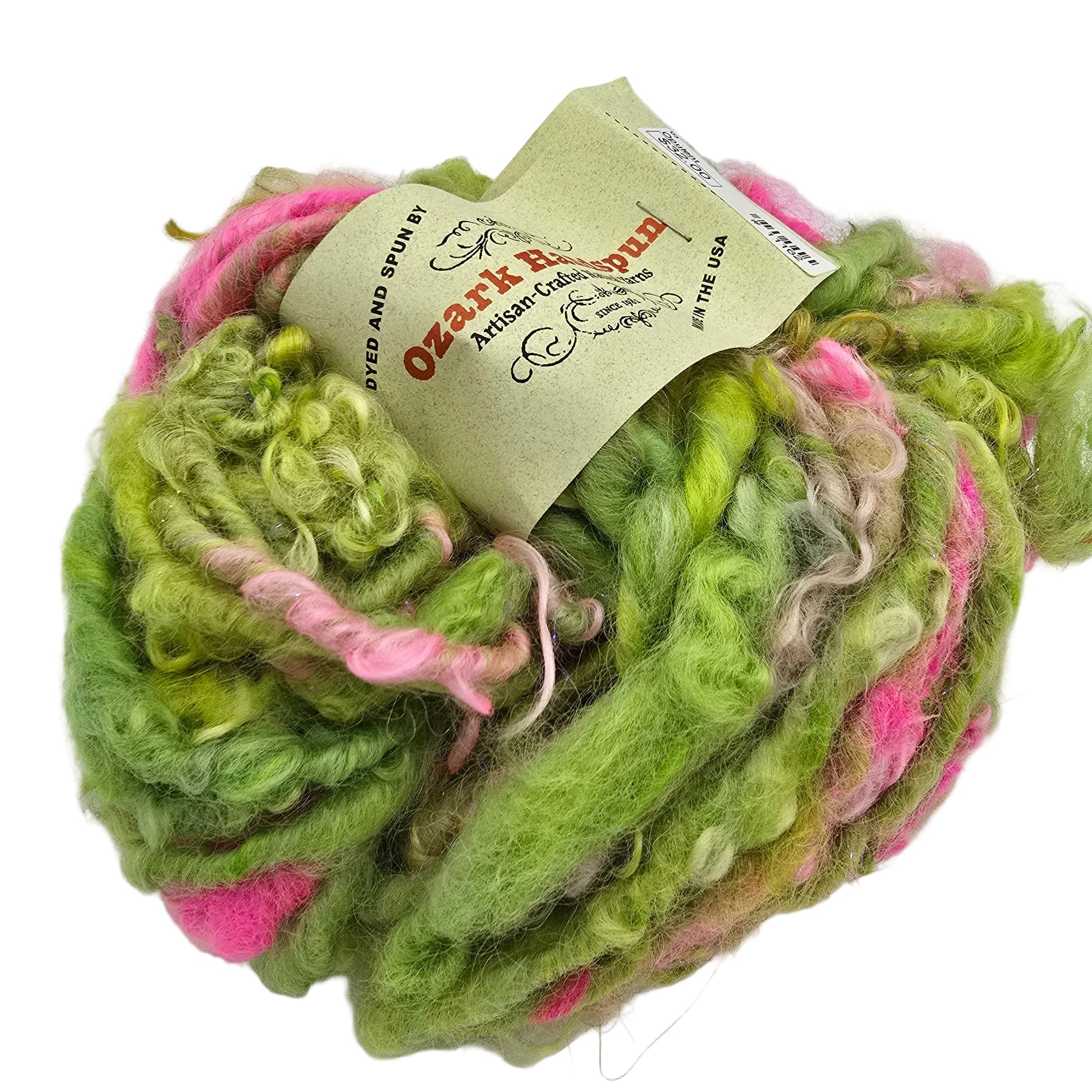 Image of a single ball of Ozark Opulent II Yarn by Ozark Handspun with label on a white background.