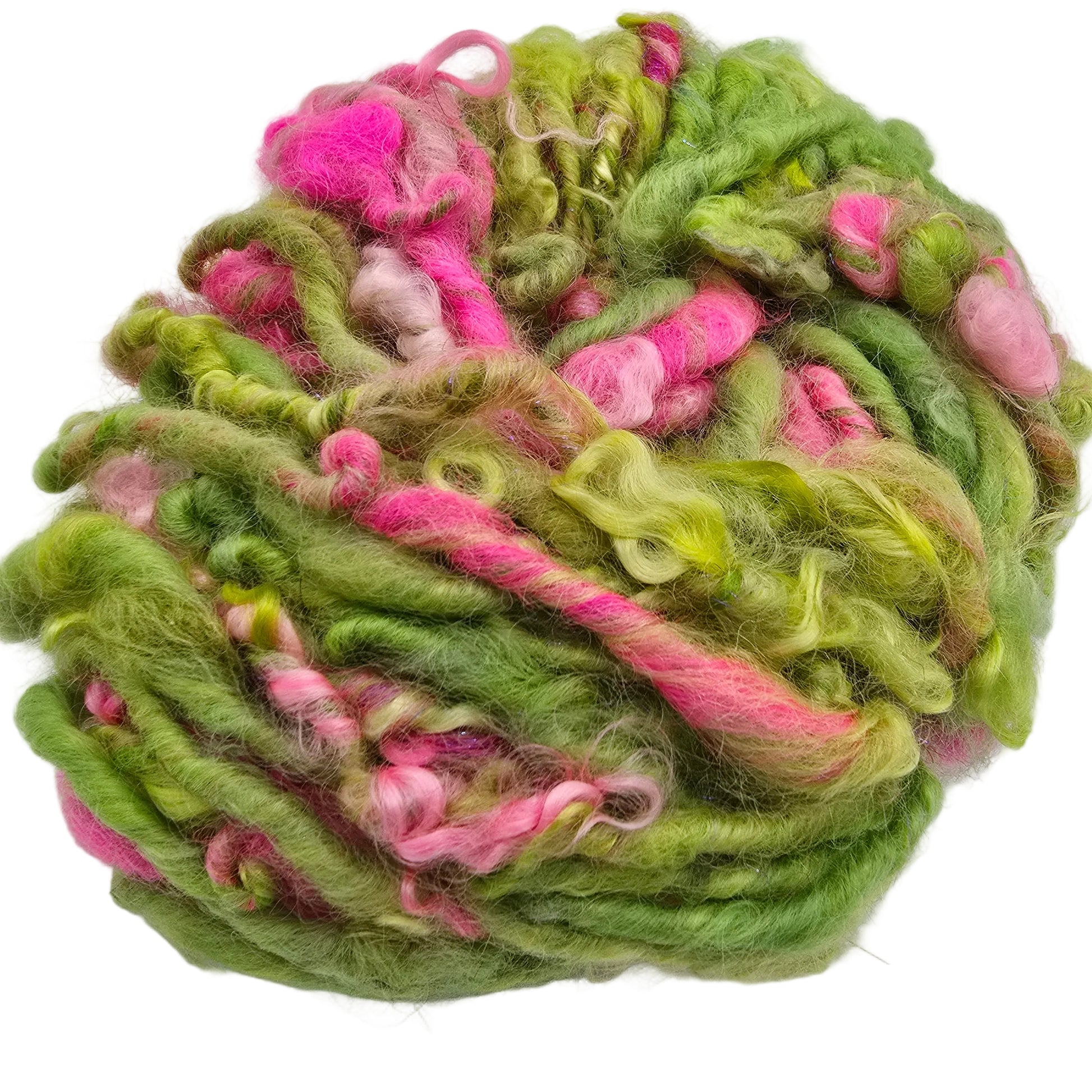 A close-up of a skein of Ozark Opulent II yarn by David Gentzsch, featuring a mix of olive green, light green, and bright pink fibers on a white background.