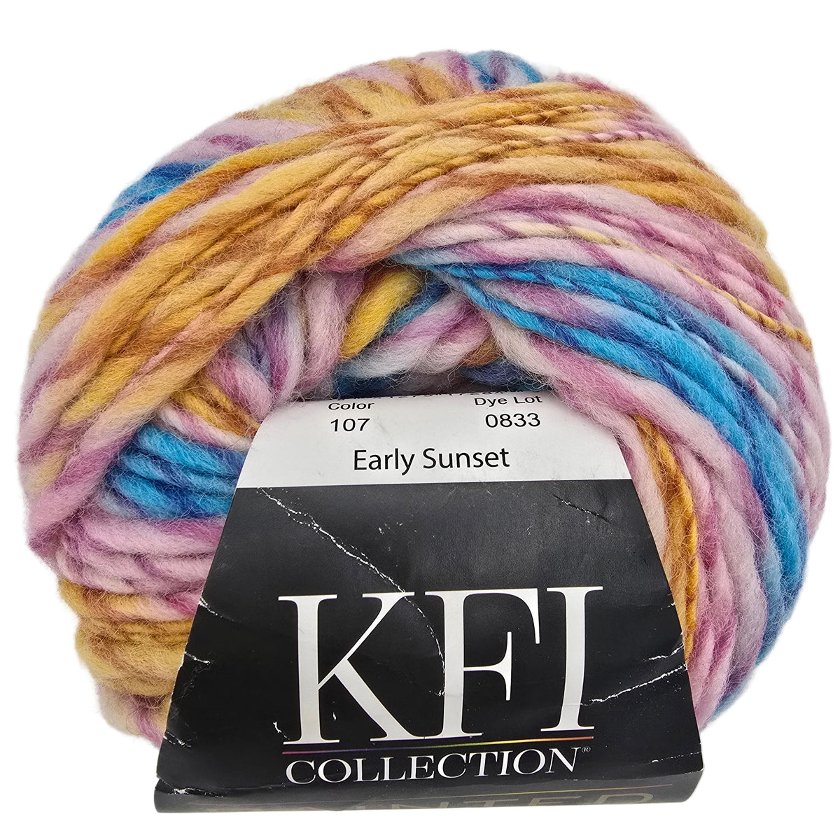 A ball of KFI Collection 'Early Sunset' variegated yarn with a black paper label, showing colors of yellow, pink, blue, and purple on a white background.