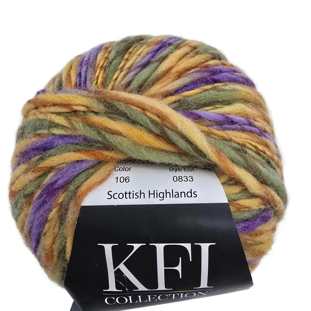 A ball of Painted_Clouds_Yarn_by_KFI_Collection in the color Scottish_Highlands_Color_106 a green, purple and orange variegated yarn with label on a white background.