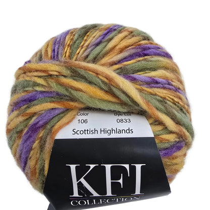 A ball of Painted_Clouds_Yarn_by_KFI_Collection in the color Scottish_Highlands_Color_106 a green, purple and orange variegated yarn with label on a white background.