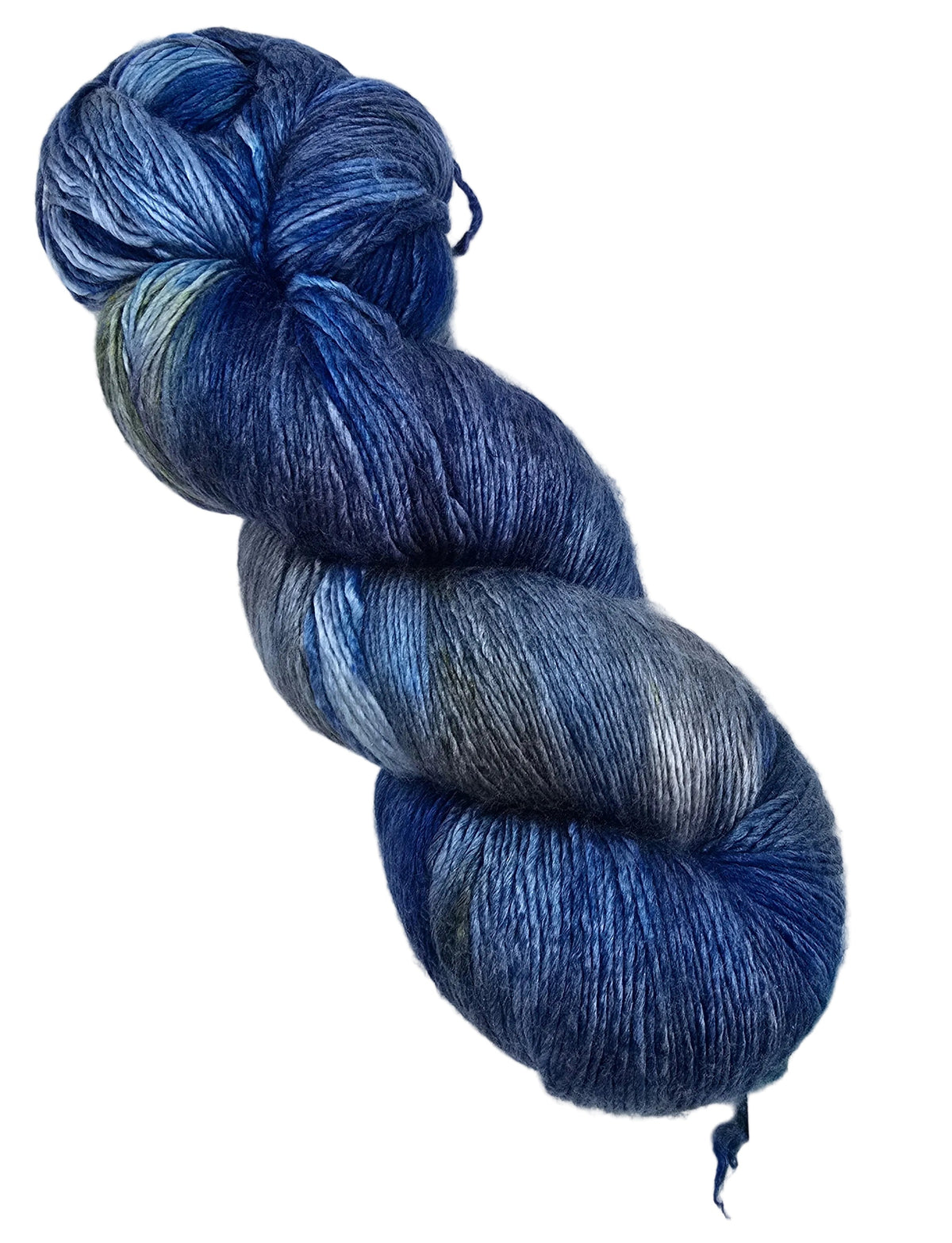Image of a single skein of Pearlescent_Fingering_Yarn by_Expression_Fiber_Arts_in the color Lapis_Lazli a shimmering blue and silver with a hint of green photographed on a white background.