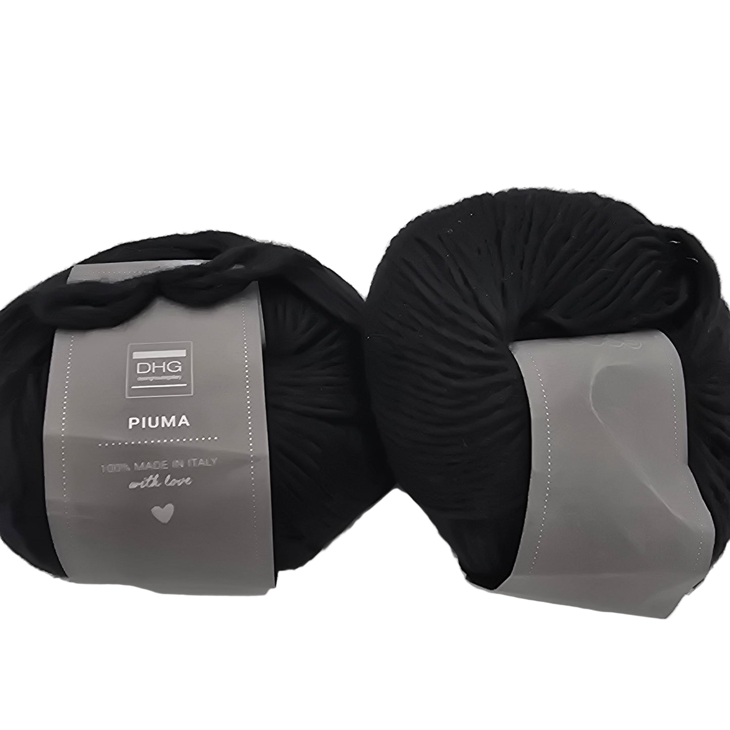 Image of two balls of Piuma by DHG Ultra Soft bulky Italian Merino Wool  yarn in the color Dark which is a solid black with labels on a white background