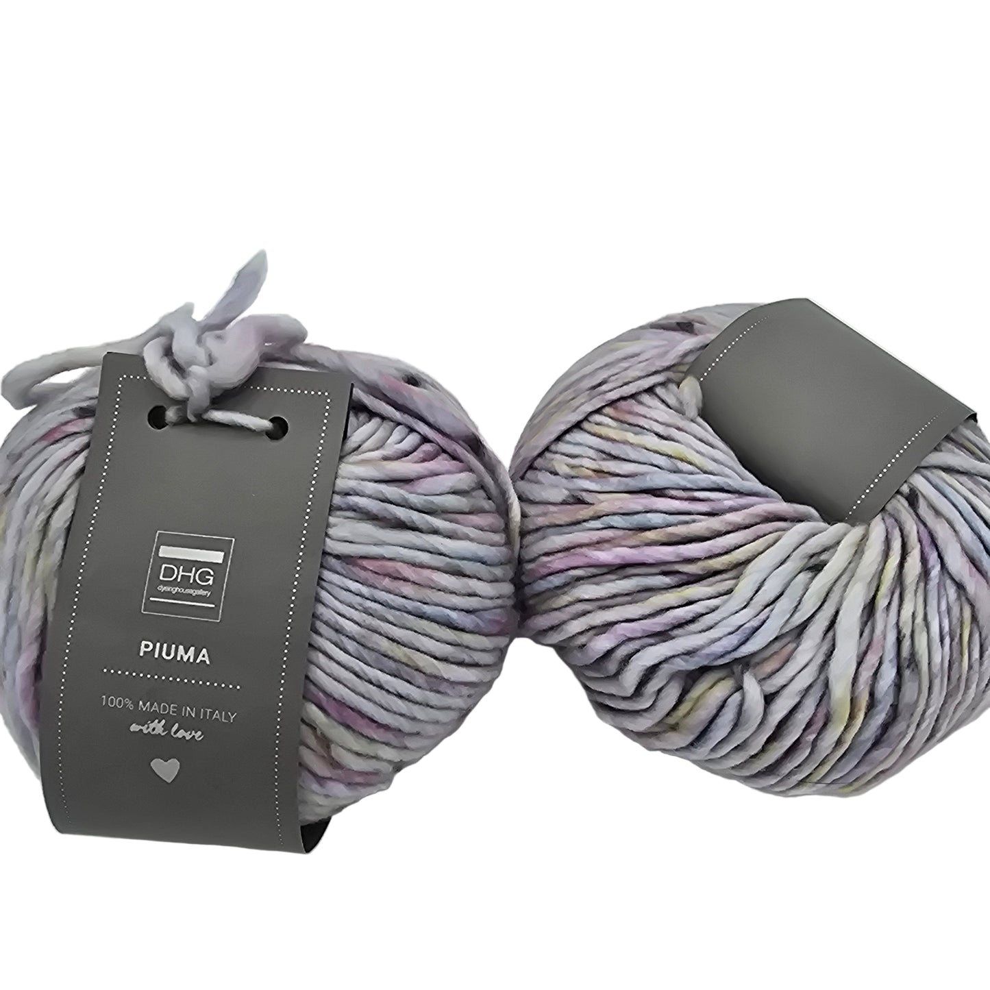 Image of two balls of Piuma by DHG Ultra Soft, bulky, Italian, Merino Wool  yarn in the color Little Mermaid which is a multicolor yarn with mixed pastel colors on a lavender base with labels on a white background.