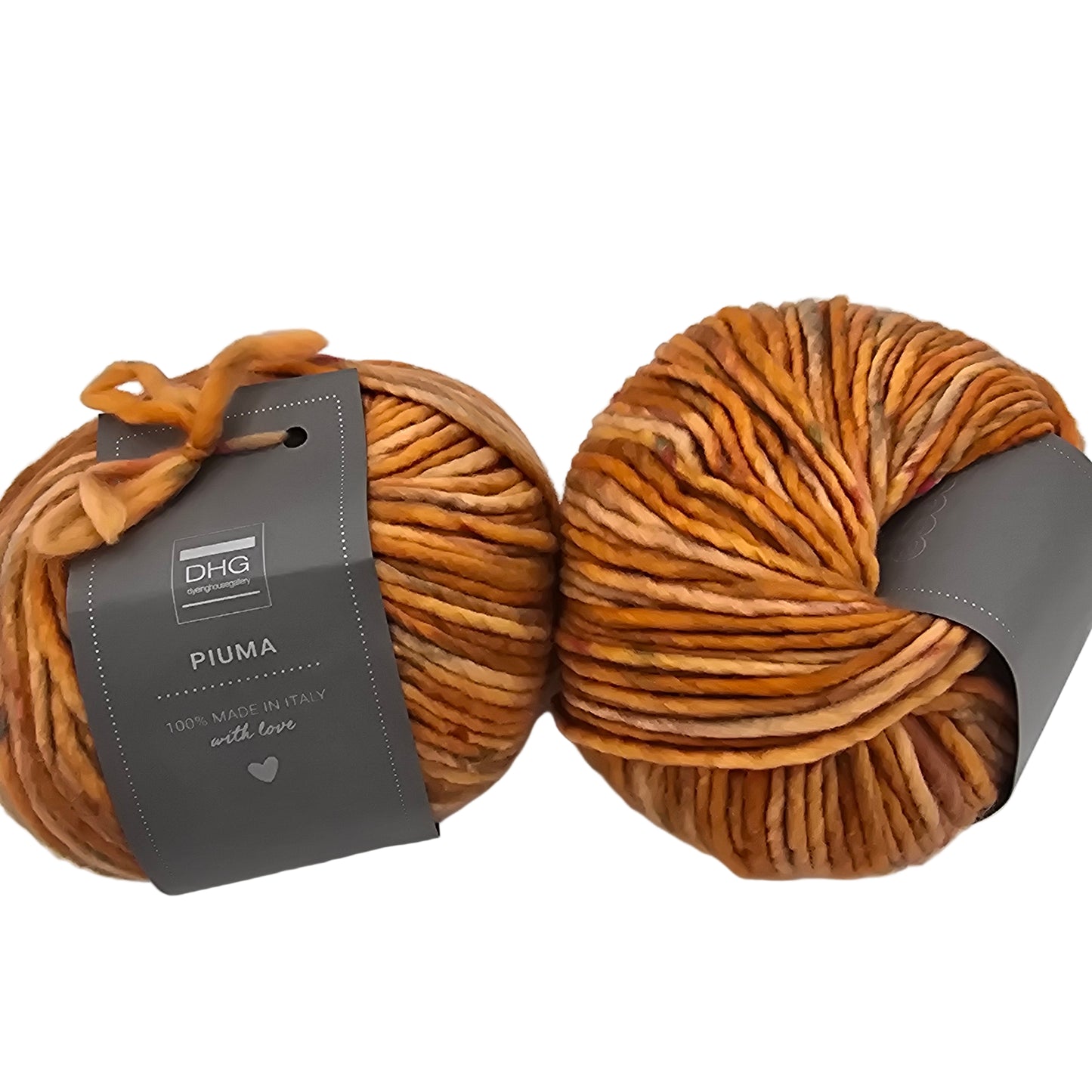 Image of two ball of Piuma by DHG Ultra Soft, bulky, Italian, Merino Wool  yarn in the color October which is a multicolor yarn with mixed shades of orange on a with labels on a white background.