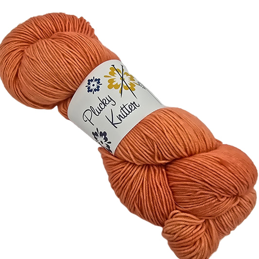 Image of a single skein of Plucky Knitter  Merino-Nylon blend yarn in the color  At The Copa which is a light orange with label on a white background.