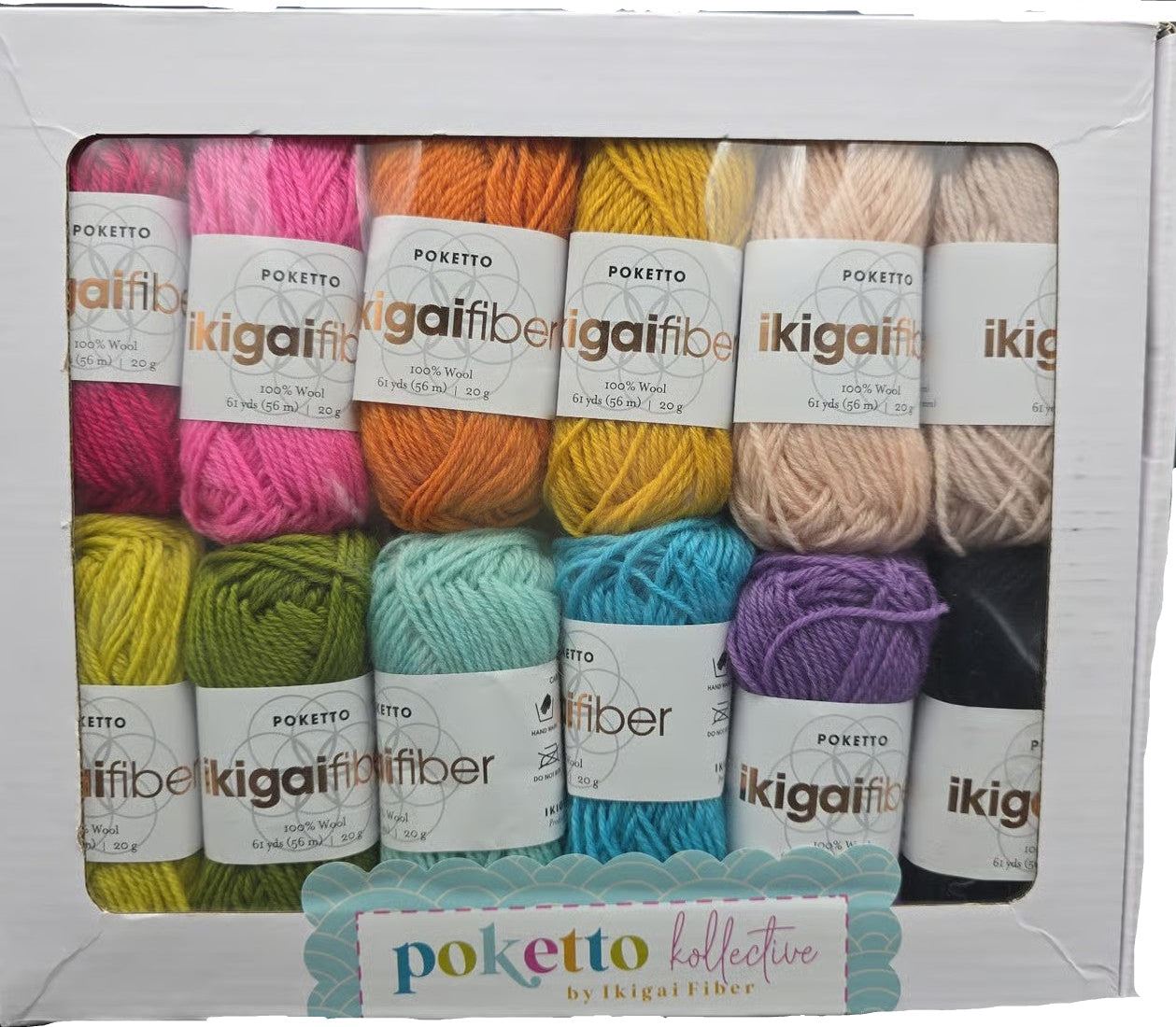 Box of Poketto by Ikigai Fiber Chibi Wool 12 Mini Skein Set in Brights with labels on a white background.