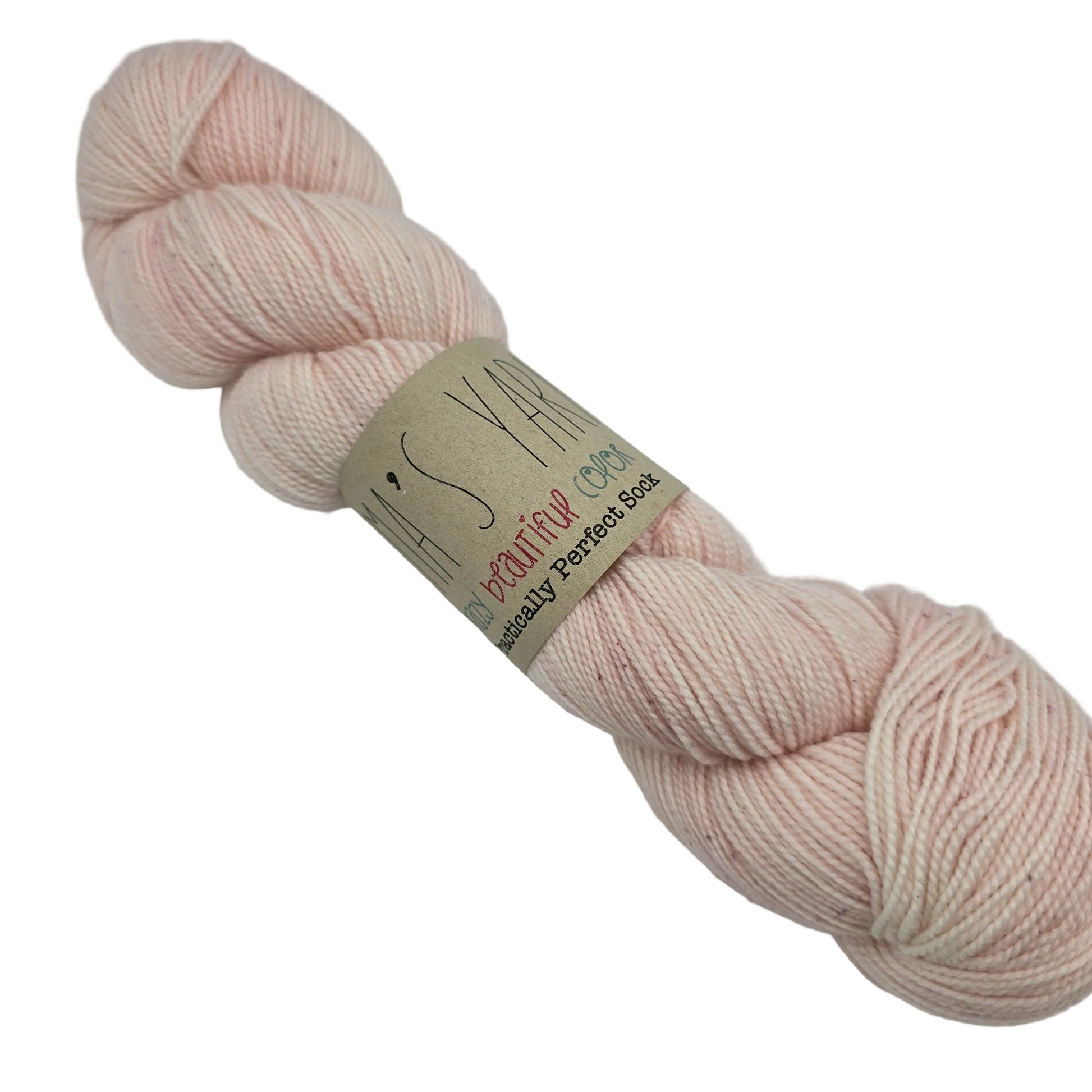 Image of single skein of Practically Perfect Sock by Emma's Yarn in the color Sweet Magnolia with label on a white background.