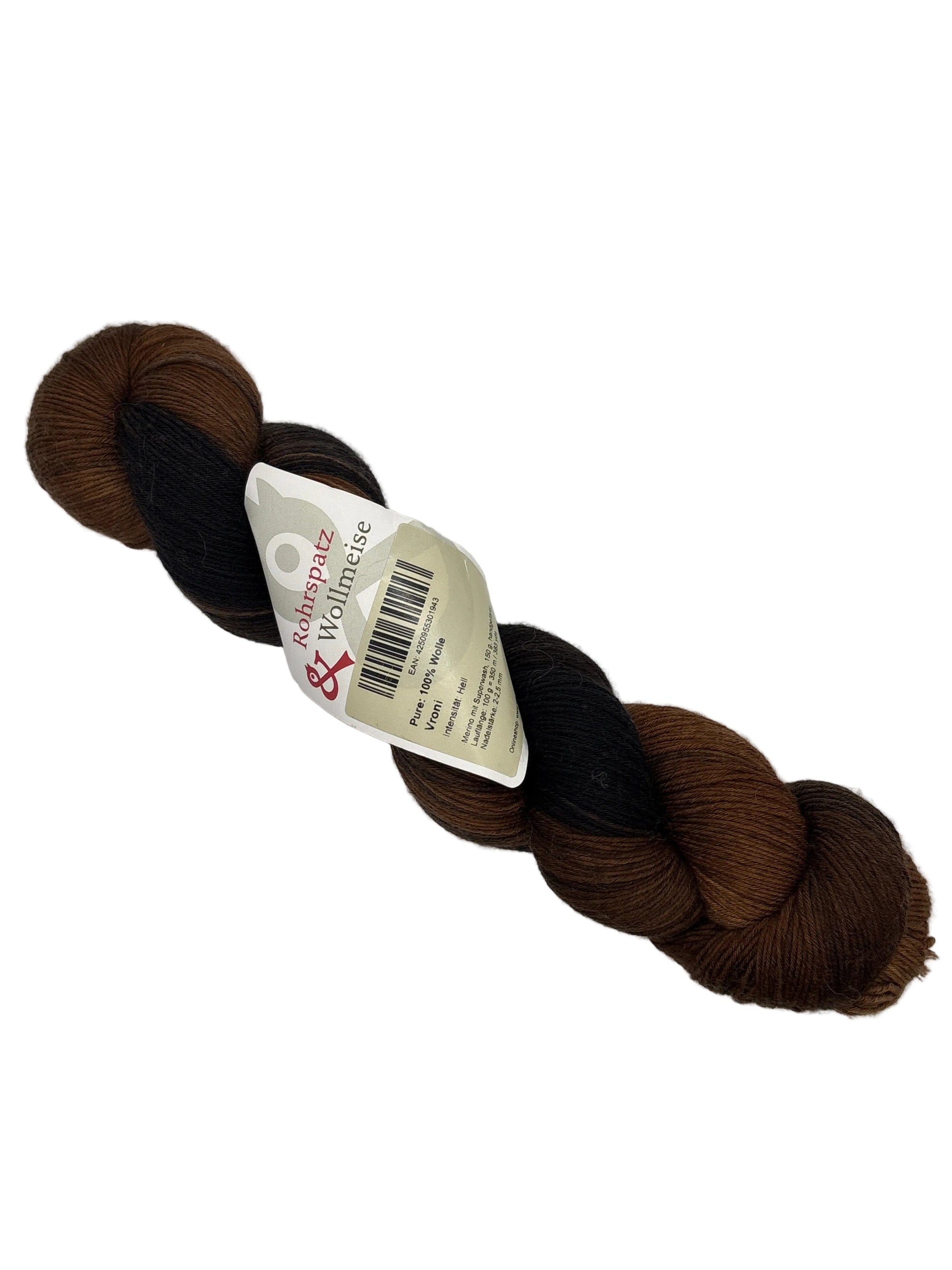Image of a single skein of Pure: Vroni Yarn by Rohrspatz & Wollmeise in the color Hell (brown and Black) with label on a white background.
